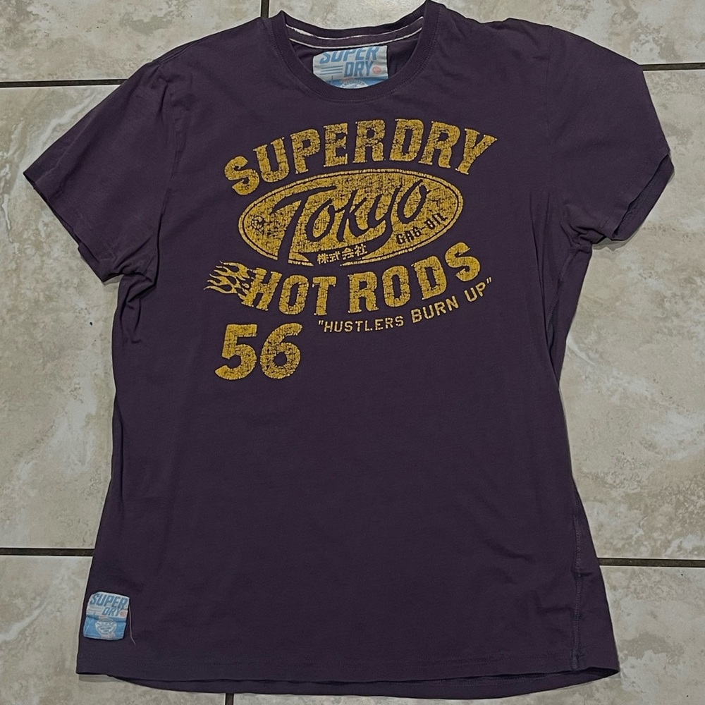Vintage Retro Superdry Dark Purple Tee with Yellow Graphic